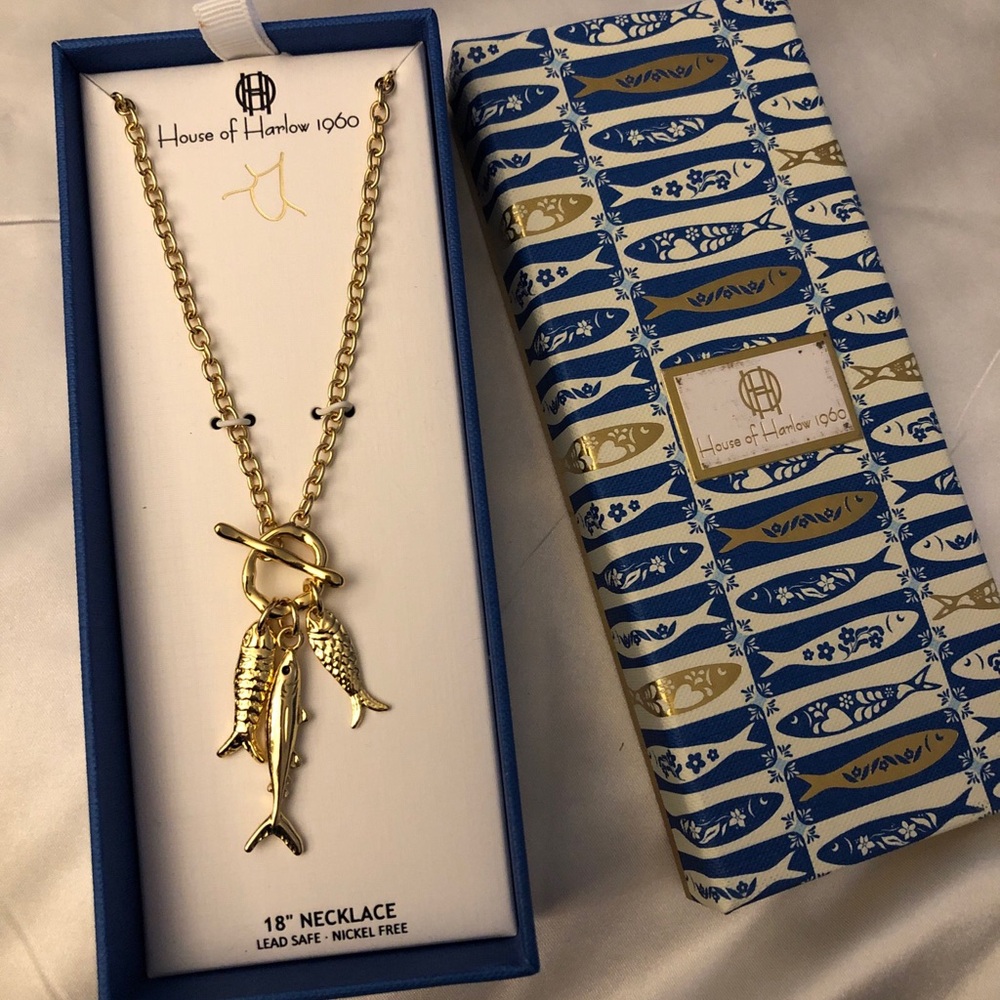 House of Harlow 1960 Gold Tone Round Link Toggle Necklace 3 Fish Charms NIB